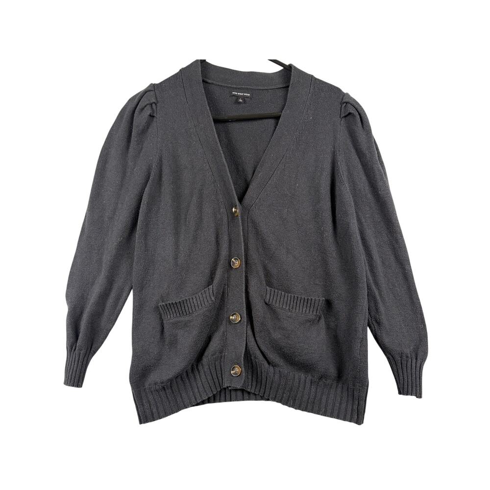 Who What Wear Black Puff-Sleeve Cardigan - Chic Button-Front Knit - Size L